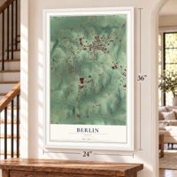 Berlin, Ohio map, 24 x 36 inch print in a white frame by a staircase