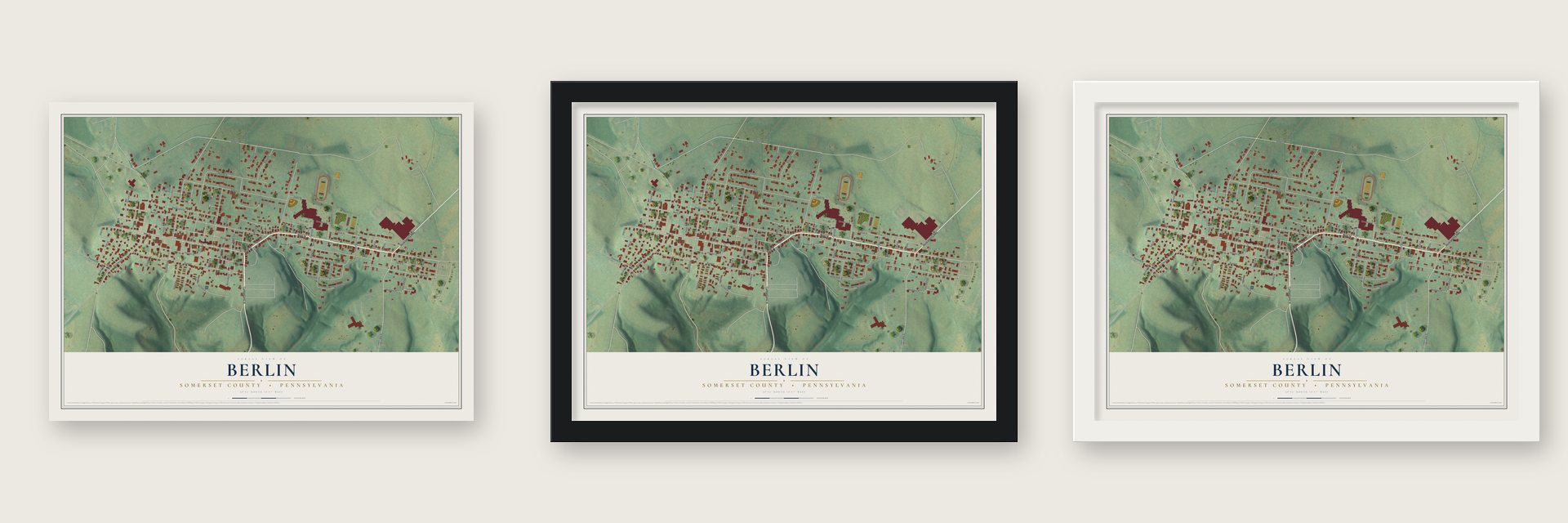 Berlin, Somerset County, Pennsylvania map unframed, in a black wood frame and in a white wood frame