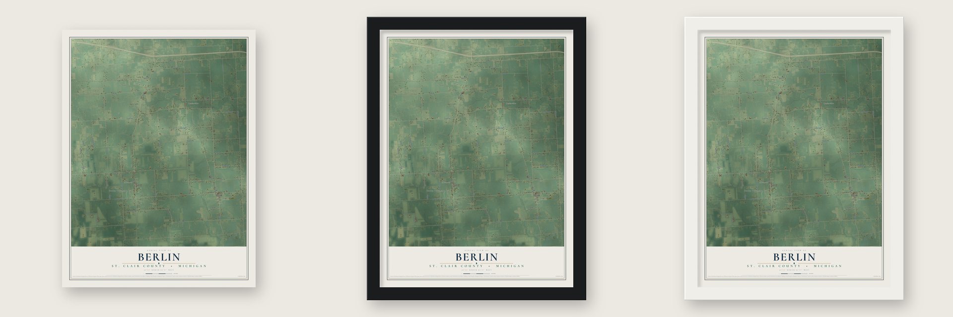 Berlin, St. Clair County, Michigan map unframed, in a black wood frame and in a white wood frame