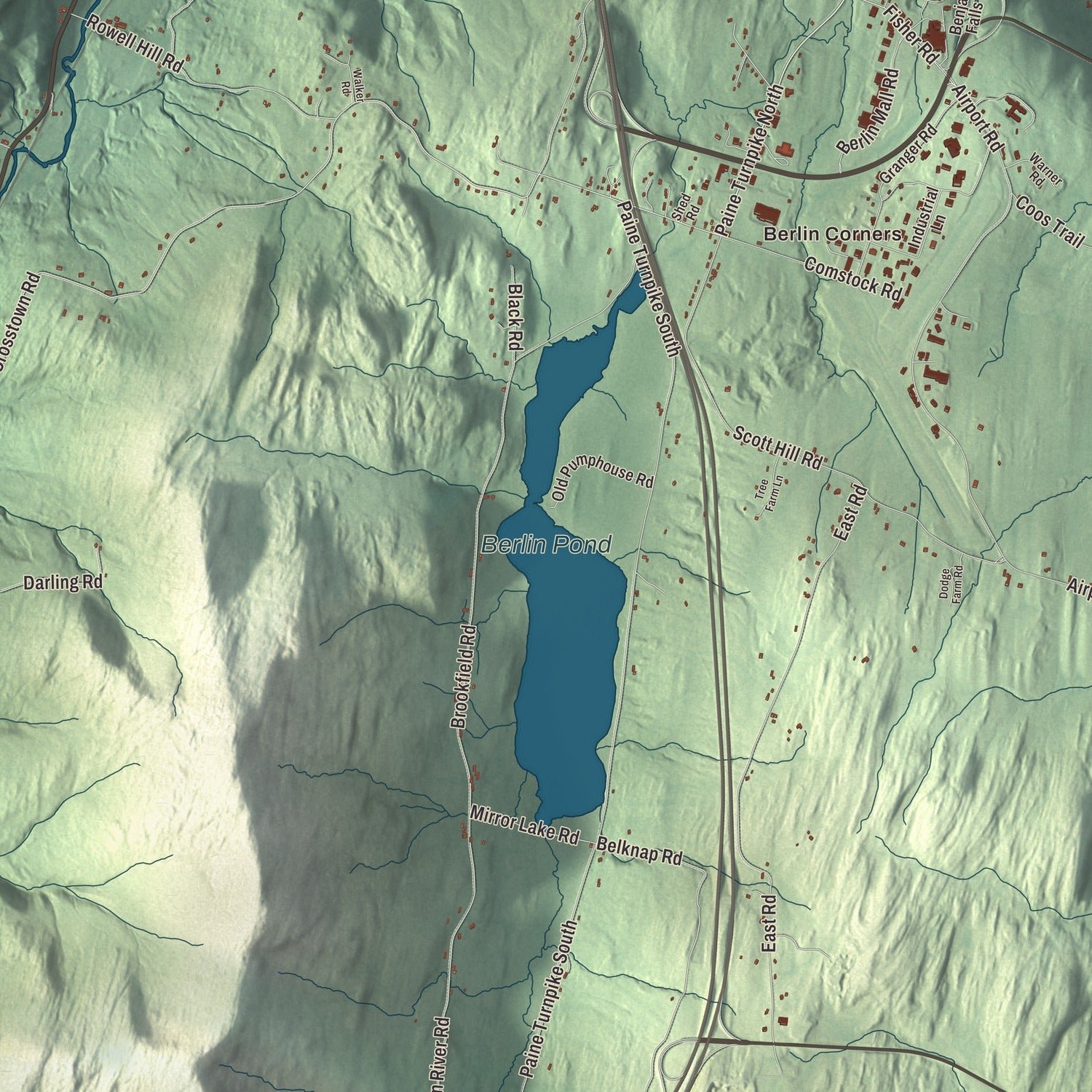 Close-up of the map of Berlin, Vermont print showing terrain and local geography