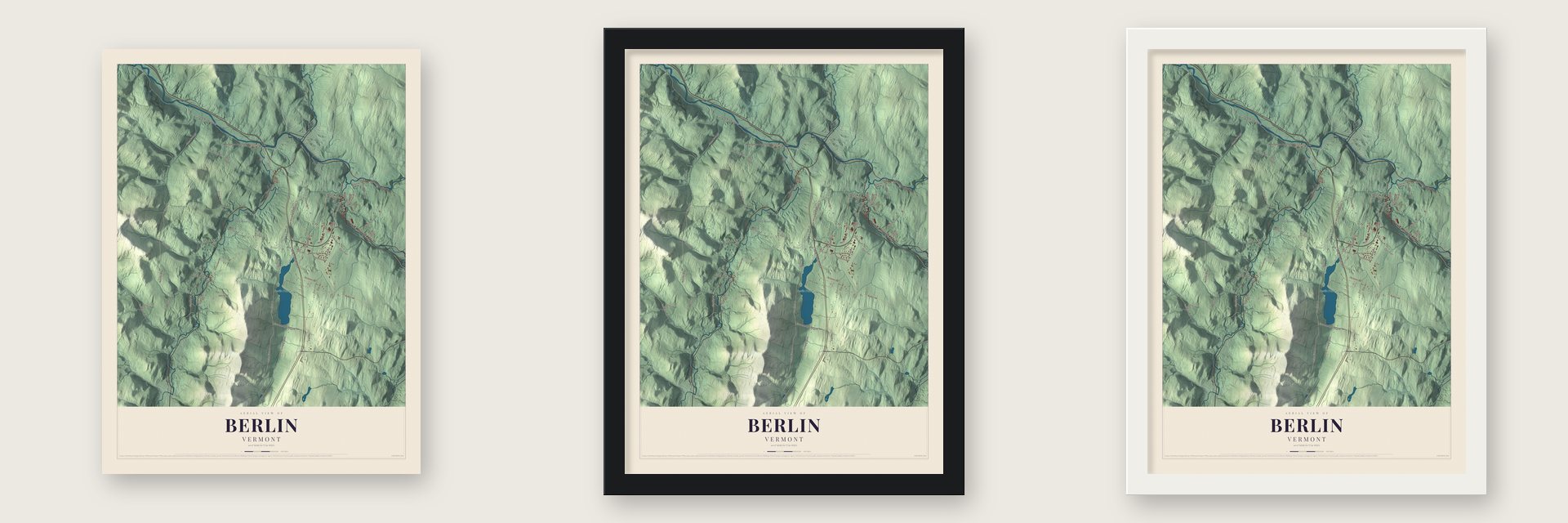 Berlin, Vermont map unframed, in a black wood frame and in a white wood frame