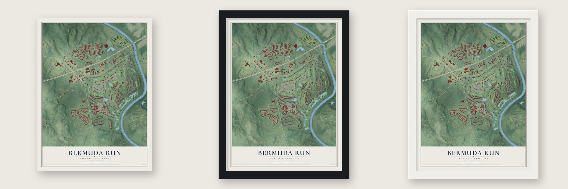 Bermuda Run, North Carolina map unframed, in a black wood frame and in a white wood frame