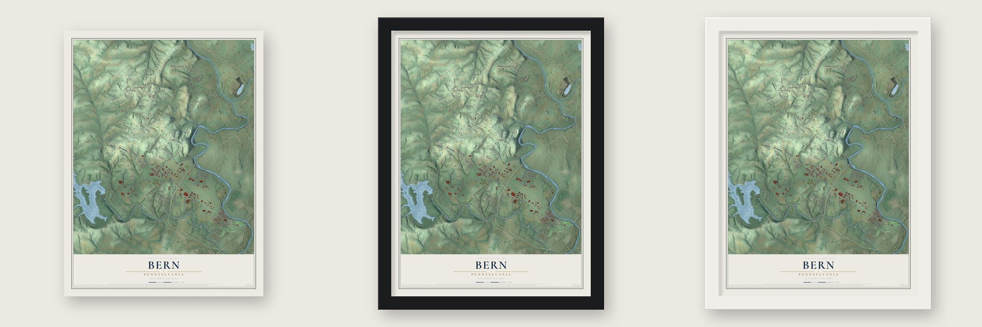Bern, Pennsylvania map unframed, in a black wood frame and in a white wood frame