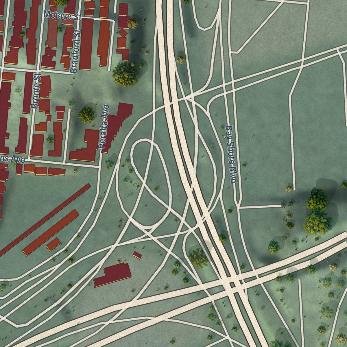 Second close-up of the map of Bernal Heights, California print showing more streets and buildings