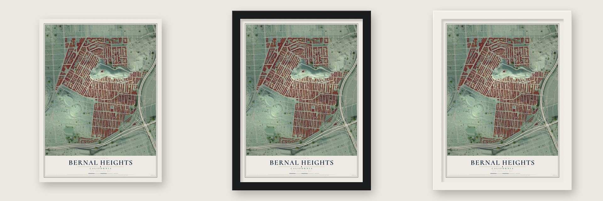 Bernal Heights, California map unframed, in a black wood frame and in a white wood frame