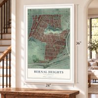 Bernal Heights, California map, 24 x 36 inch print in a white frame by a staircase