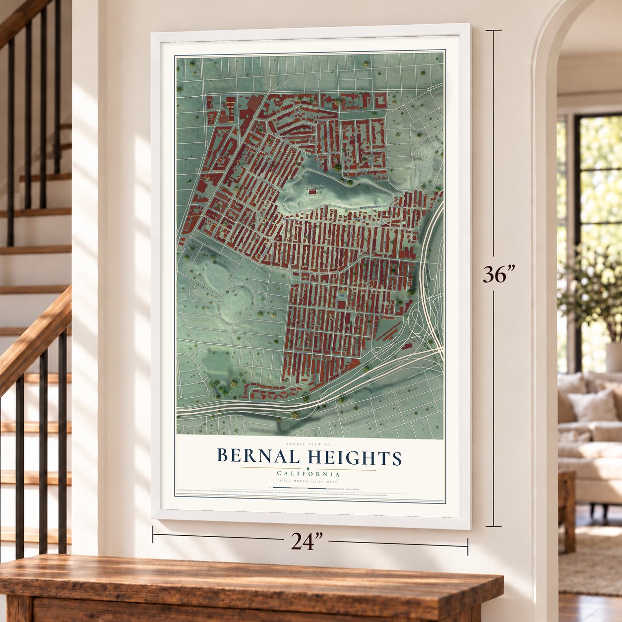 Bernal Heights, California map, 24 x 36 inch print in a white frame by a staircase