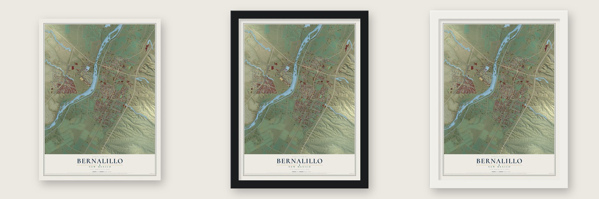 Bernalillo, New Mexico map unframed, in a black wood frame and in a white wood frame
