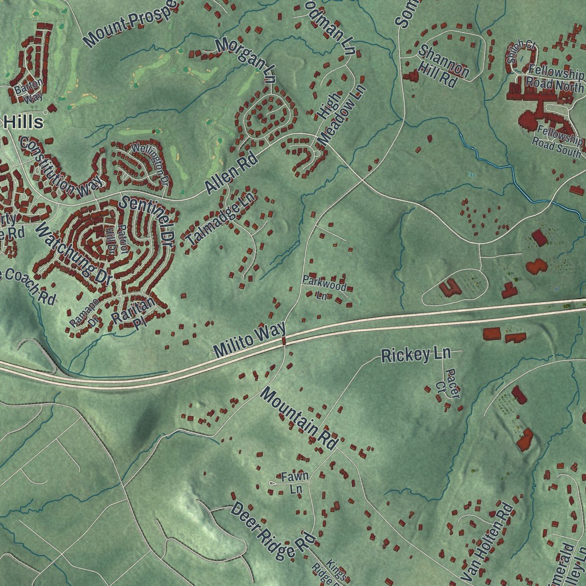 Second close-up of the map of Bernards, New Jersey print showing more streets and buildings