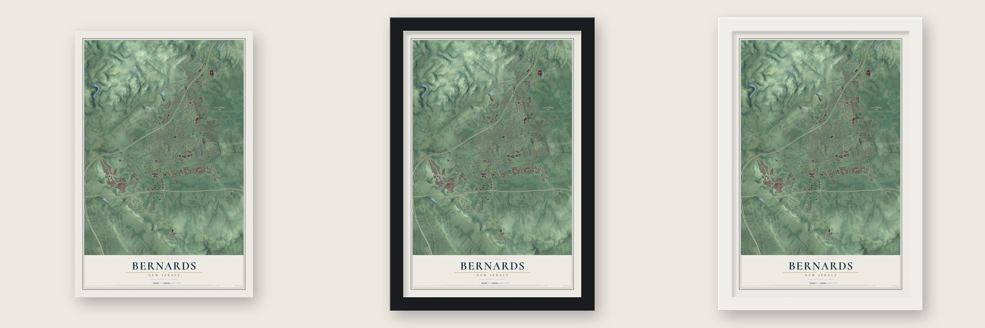 Bernards, New Jersey map unframed, in a black wood frame and in a white wood frame