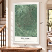 Bernards, New Jersey map, 24 x 36 inch print in a white frame by a staircase