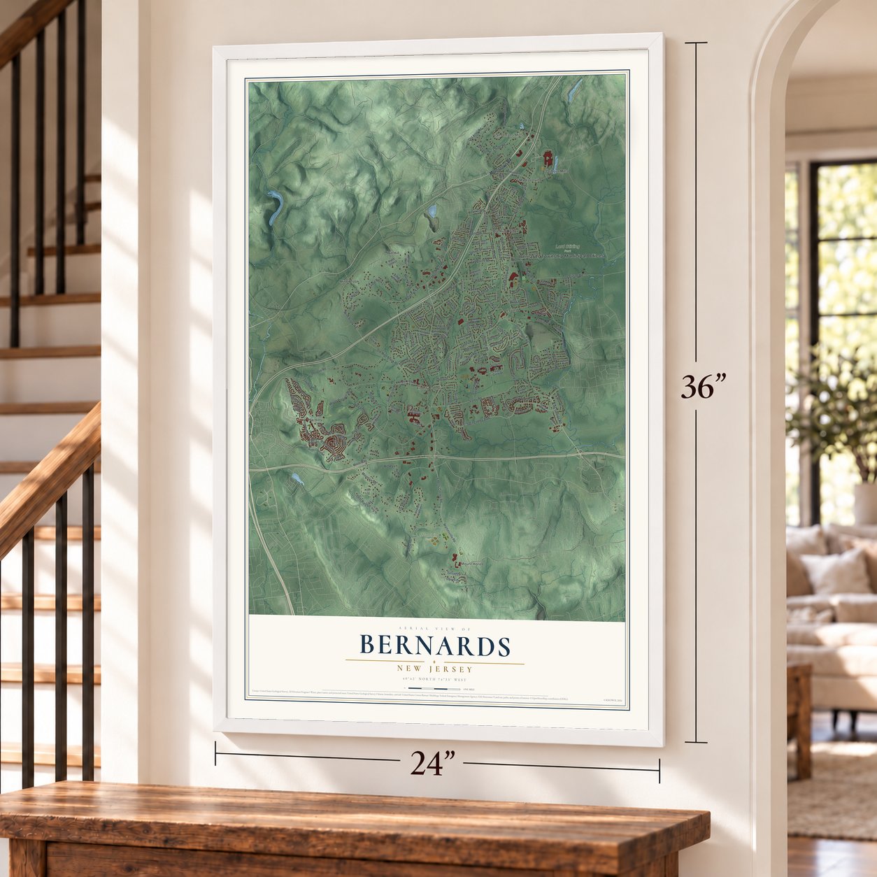 Bernards, New Jersey map, 24 x 36 inch print in a white frame by a staircase