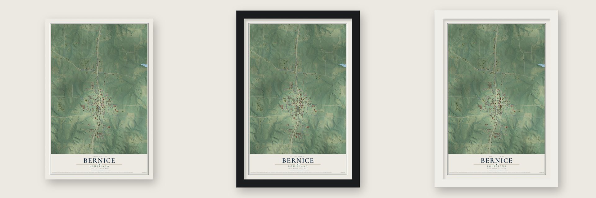 Bernice, Louisiana map unframed, in a black wood frame and in a white wood frame