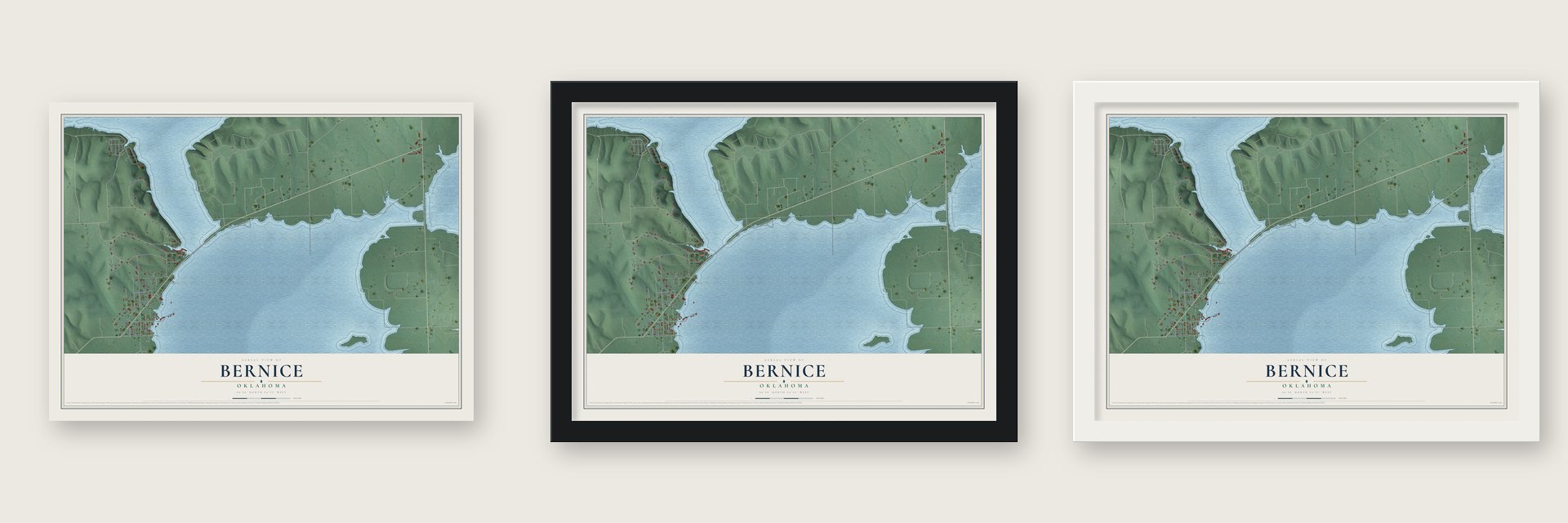Bernice, Oklahoma map unframed, in a black wood frame and in a white wood frame