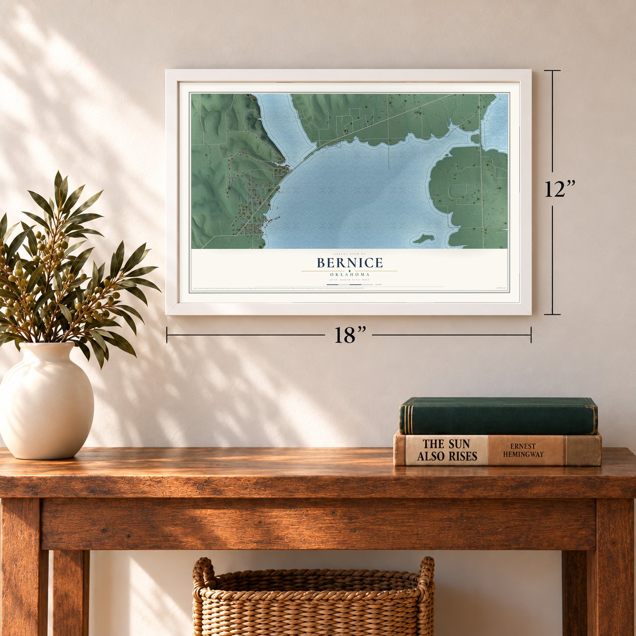 Bernice, Oklahoma map, 12 x 18 inch print in a white frame in an entryway