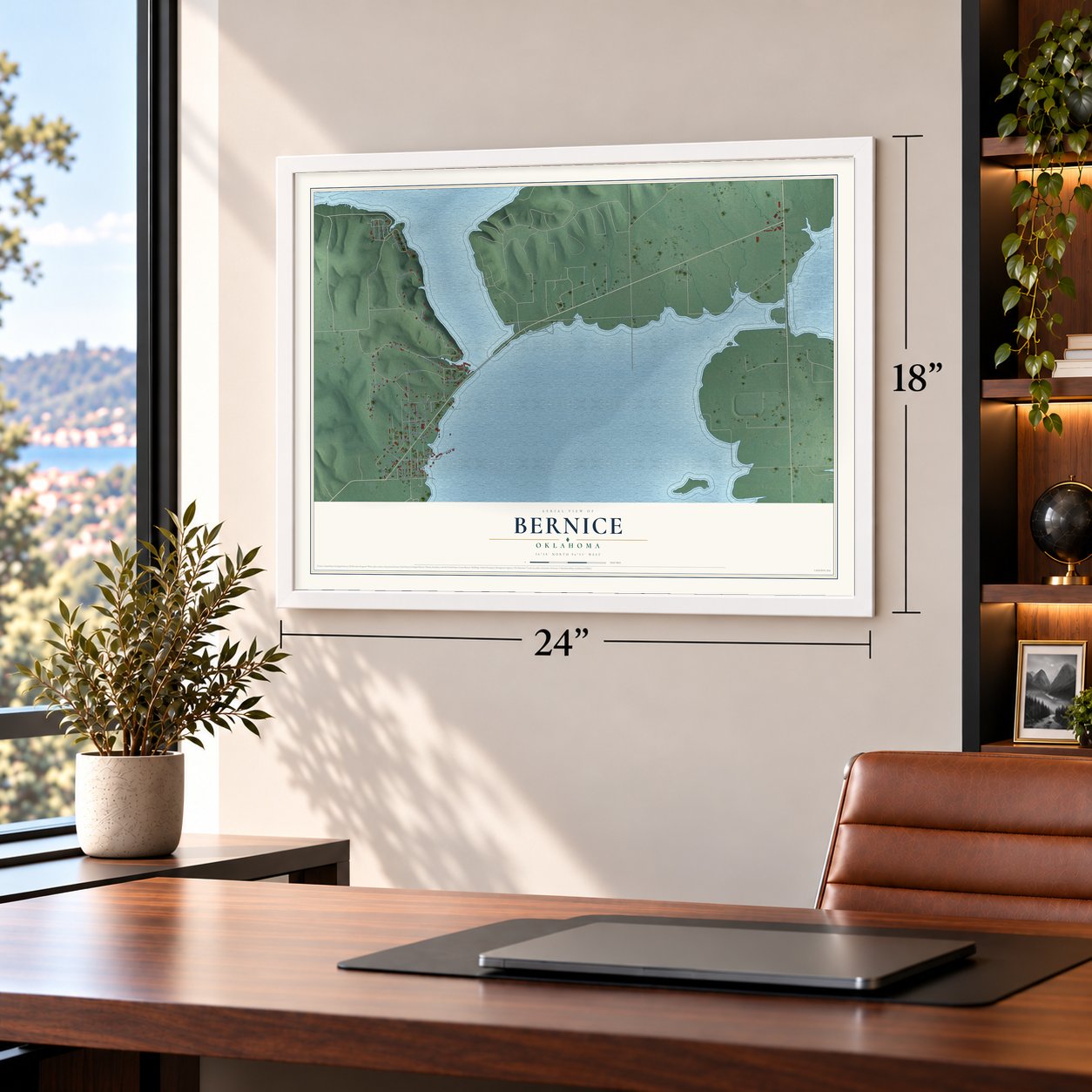 Bernice, Oklahoma map, 18 x 24 inch print in a white frame in a home office
