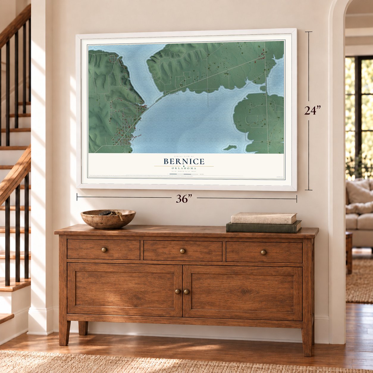 Bernice, Oklahoma map, 24 x 36 inch print in a white frame above a dresser by a staircase