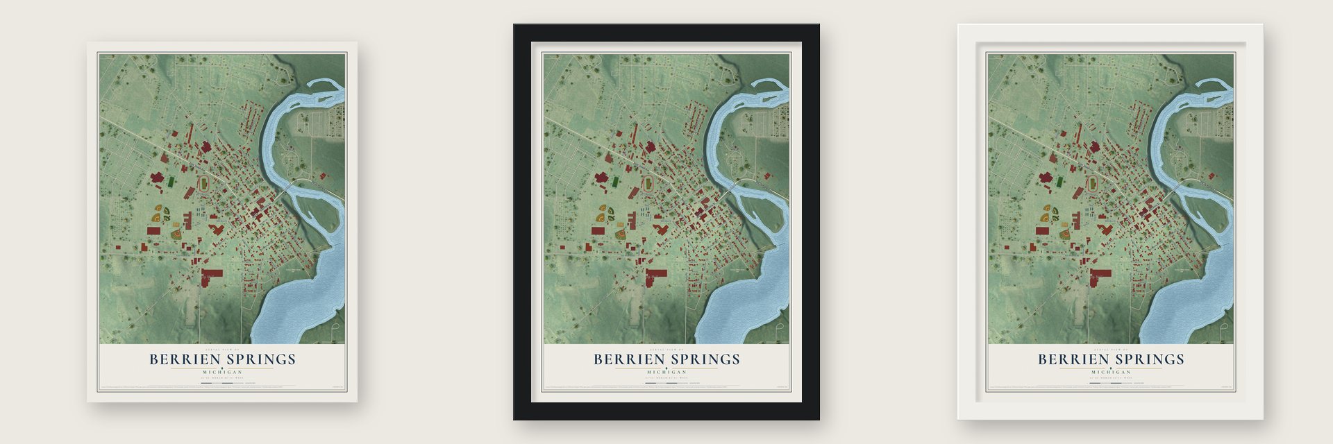 Berrien Springs, Michigan map unframed, in a black wood frame and in a white wood frame