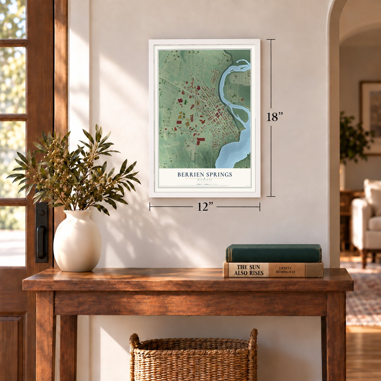 Berrien Springs, Michigan map, 12 x 18 inch print in a white frame in an entryway