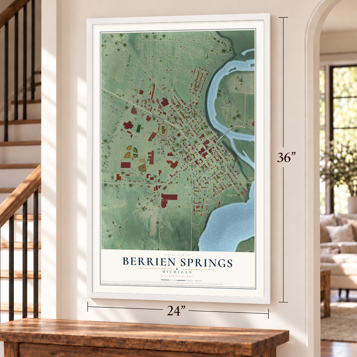 Berrien Springs, Michigan map, 24 x 36 inch print in a white frame by a staircase
