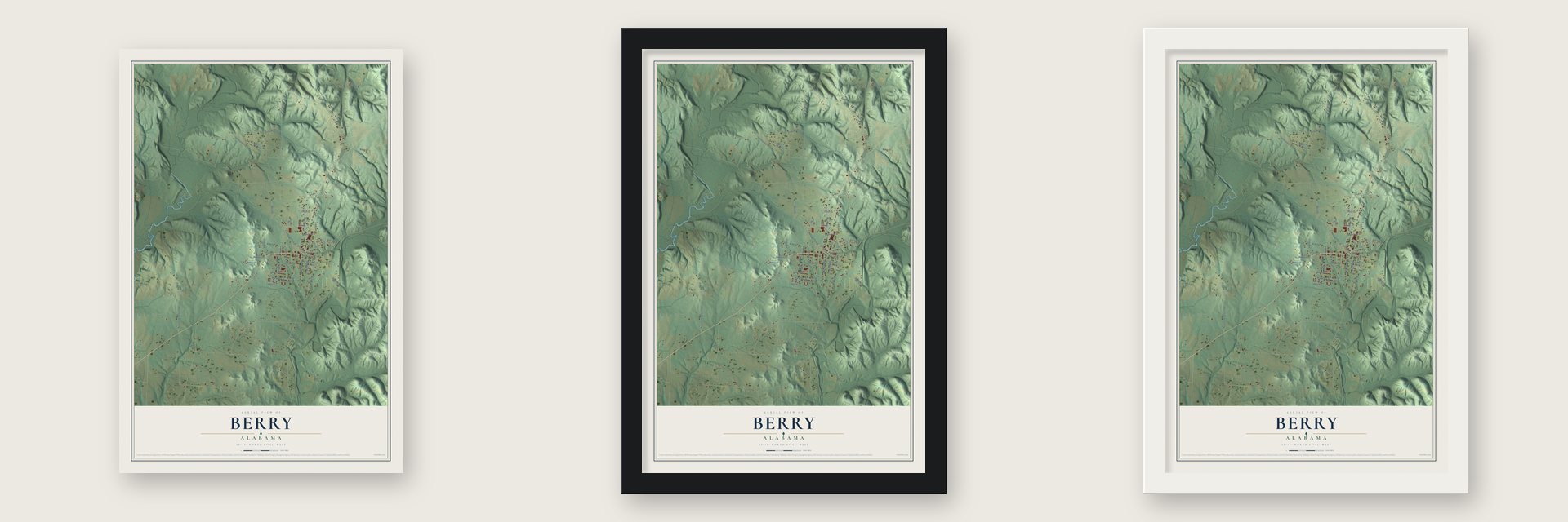 Berry, Alabama map unframed, in a black wood frame and in a white wood frame