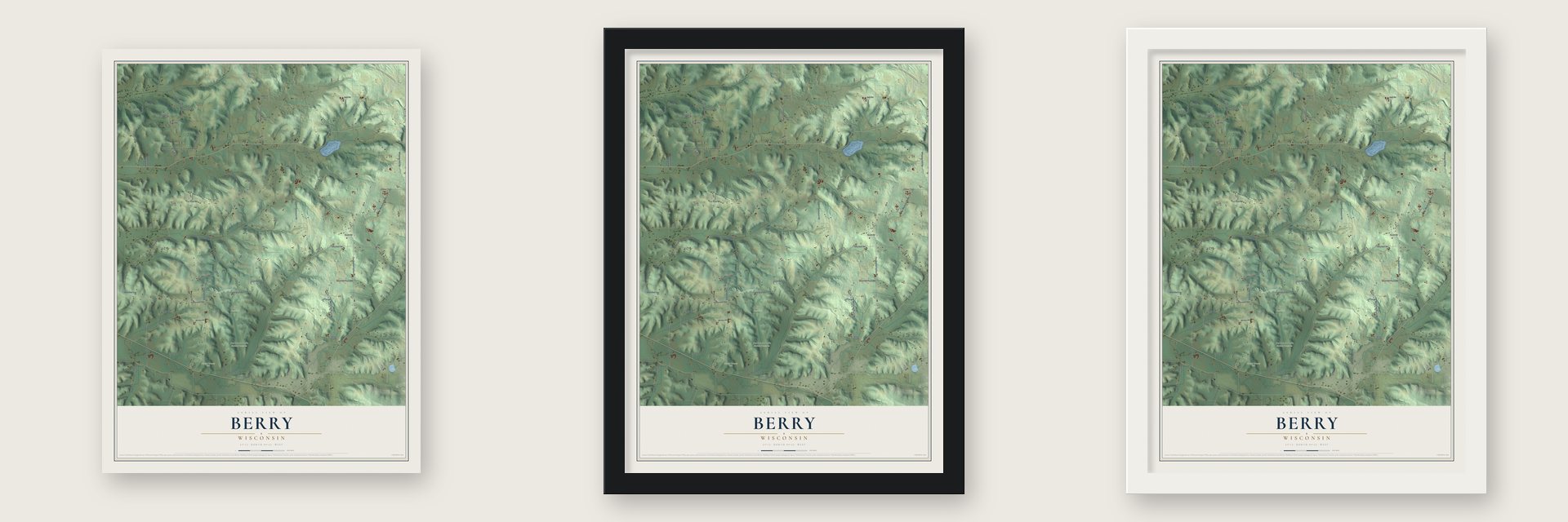 Berry, Wisconsin map unframed, in a black wood frame and in a white wood frame