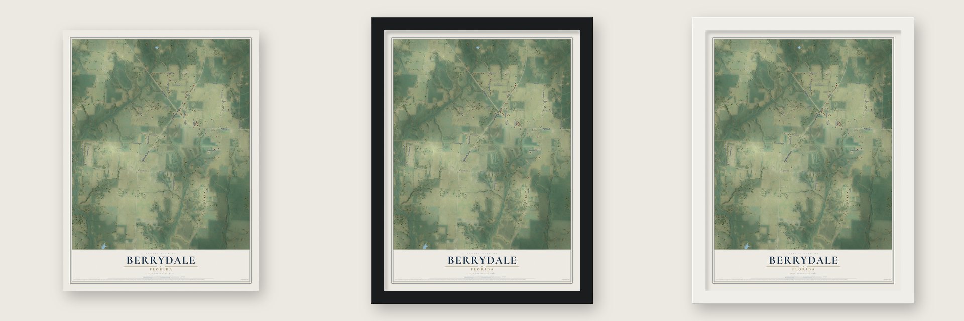 Berrydale, Florida map unframed, in a black wood frame and in a white wood frame