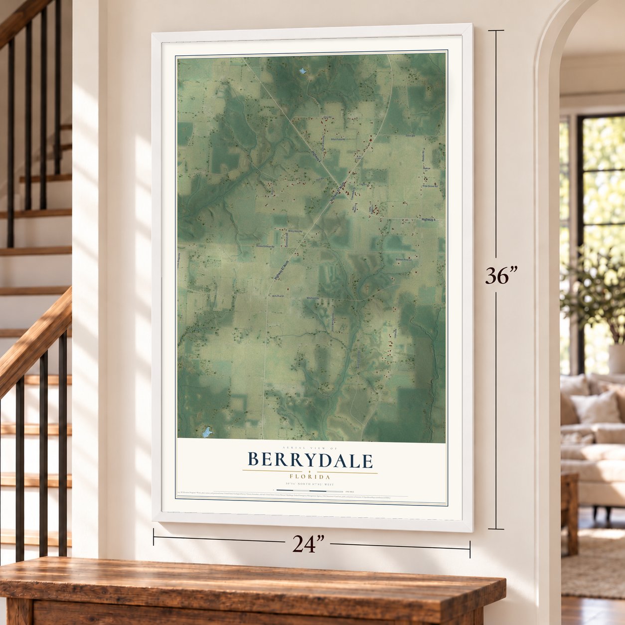Berrydale, Florida map, 24 x 36 inch print in a white frame by a staircase