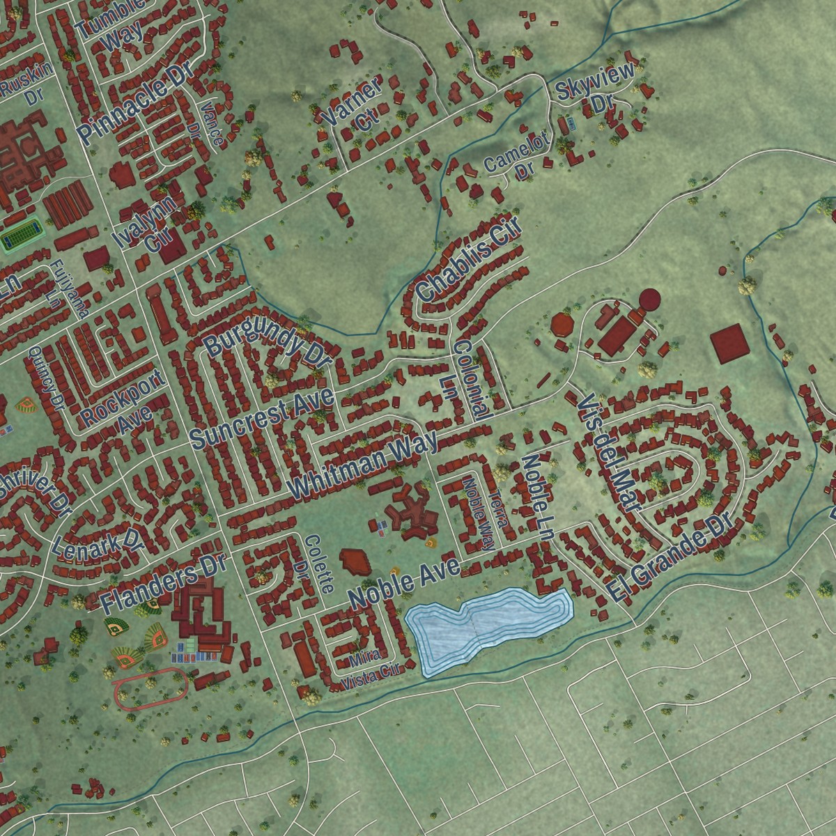 Second close-up of the map of Berryessa, California print showing more streets and buildings