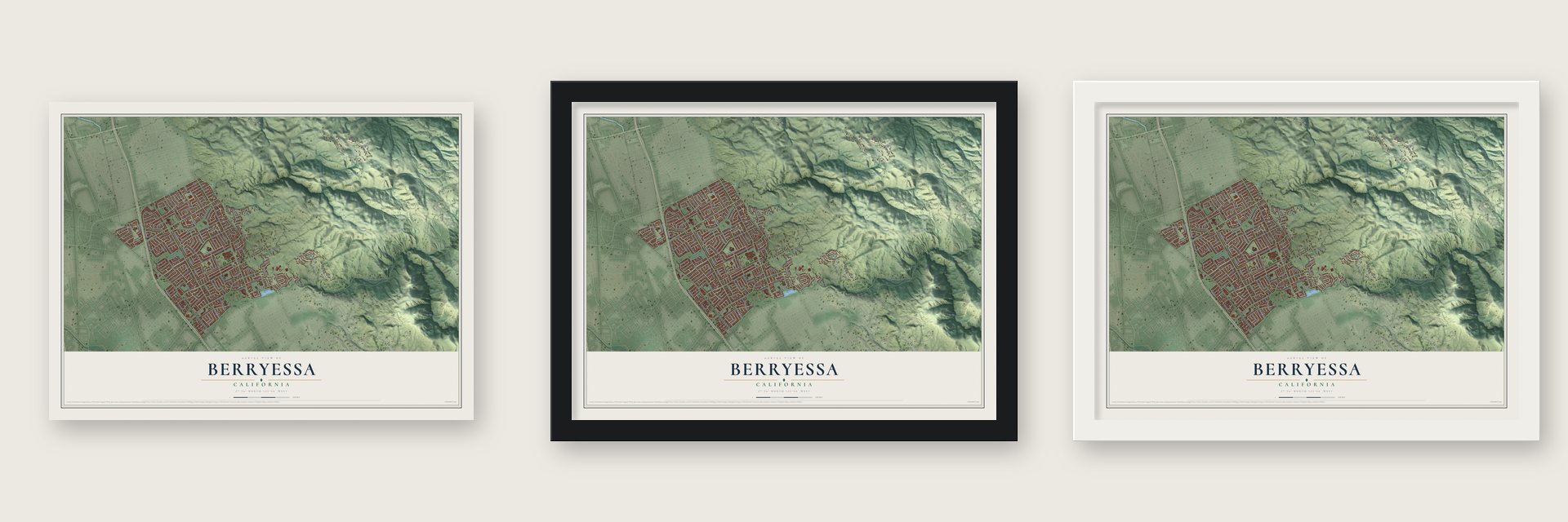 Berryessa, California map unframed, in a black wood frame and in a white wood frame