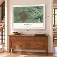 Berryessa, California map, 24 x 36 inch print in a white frame above a dresser by a staircase