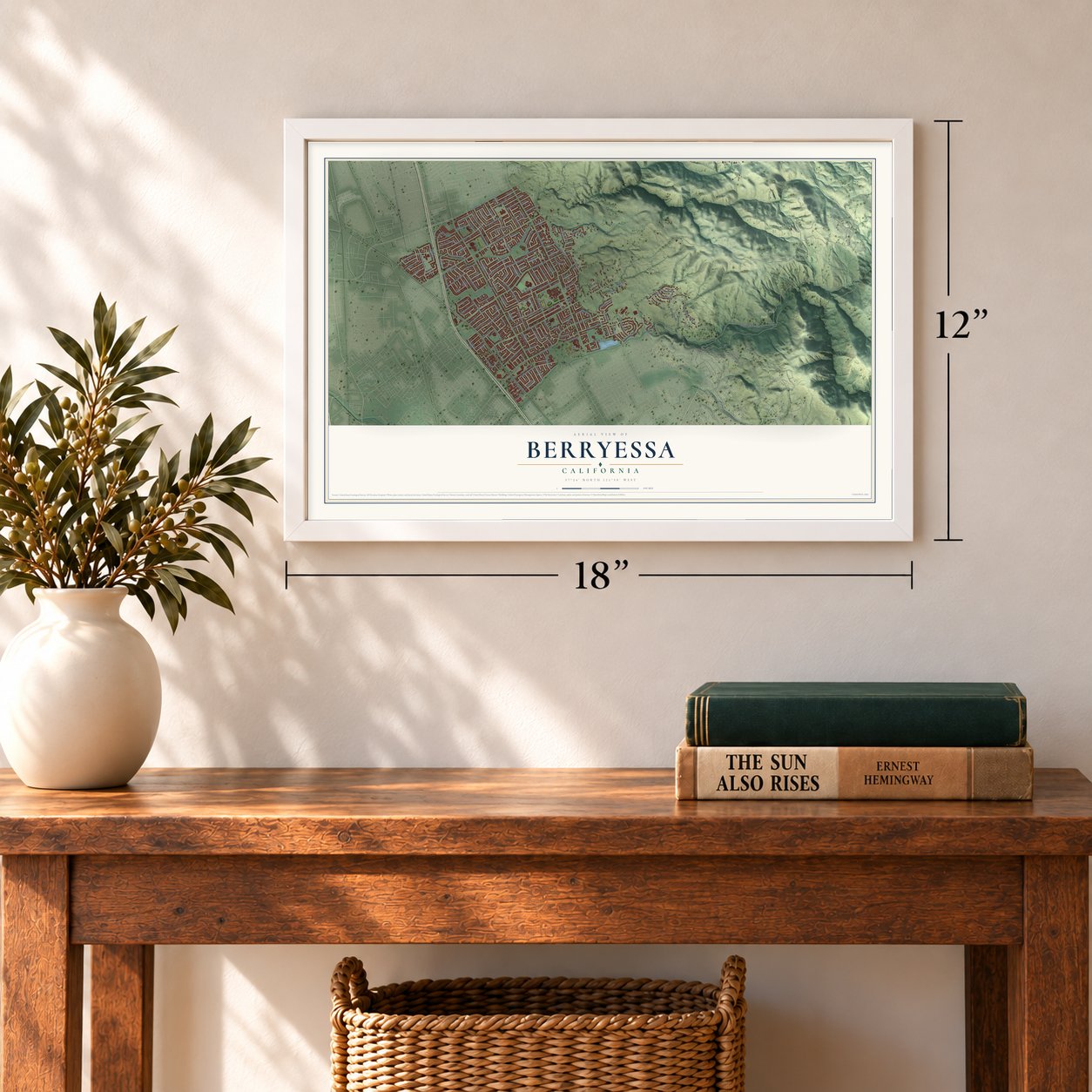 Berryessa, California map, 12 x 18 inch print in a white frame in an entryway