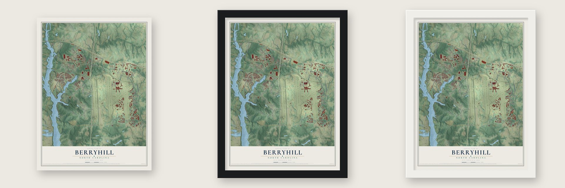 Berryhill, North Carolina map unframed, in a black wood frame and in a white wood frame