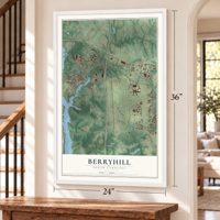 Berryhill, North Carolina map, 24 x 36 inch print in a white frame by a staircase