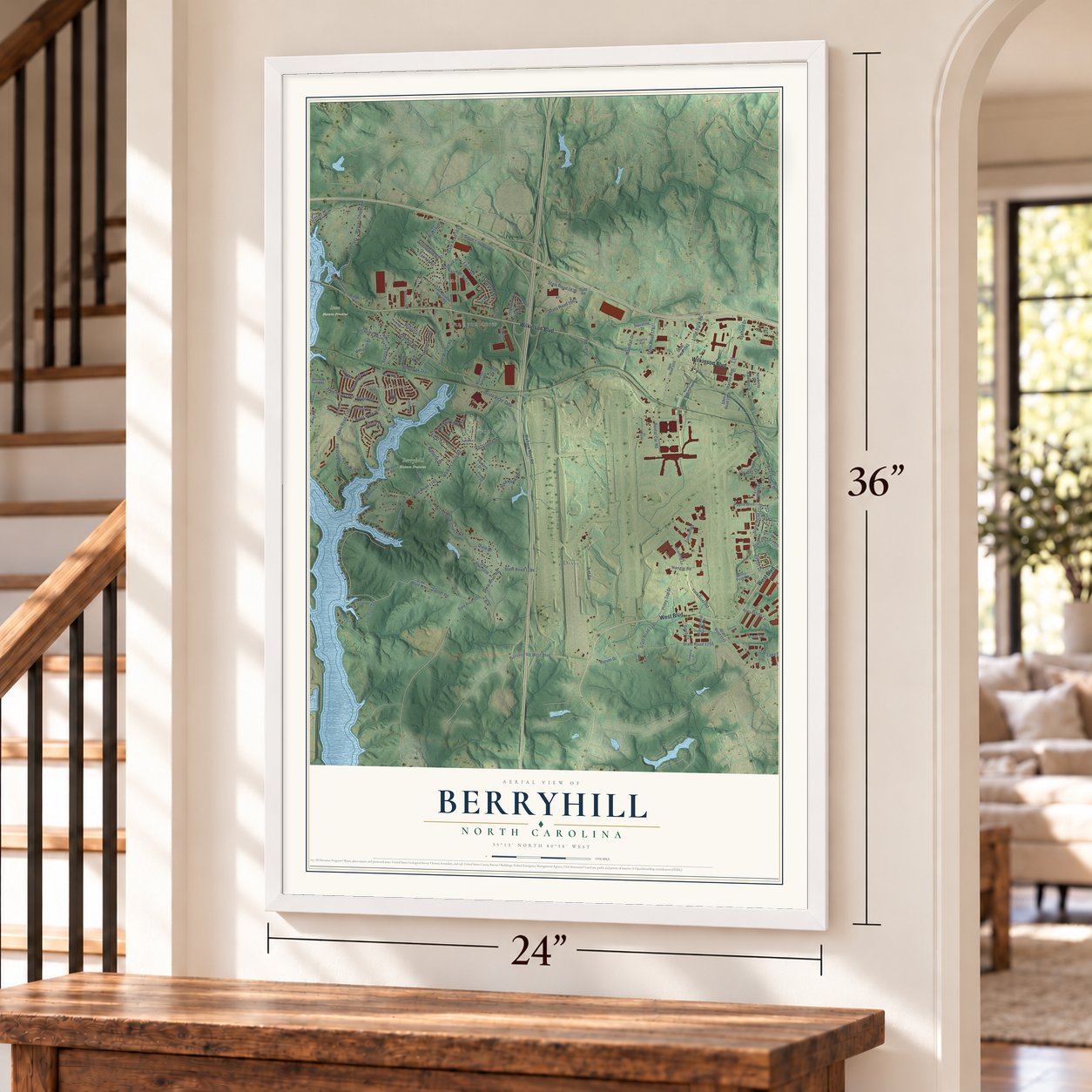 Berryhill, North Carolina map, 24 x 36 inch print in a white frame by a staircase