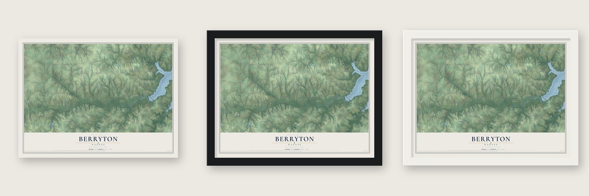 Berryton, Kansas map unframed, in a black wood frame and in a white wood frame