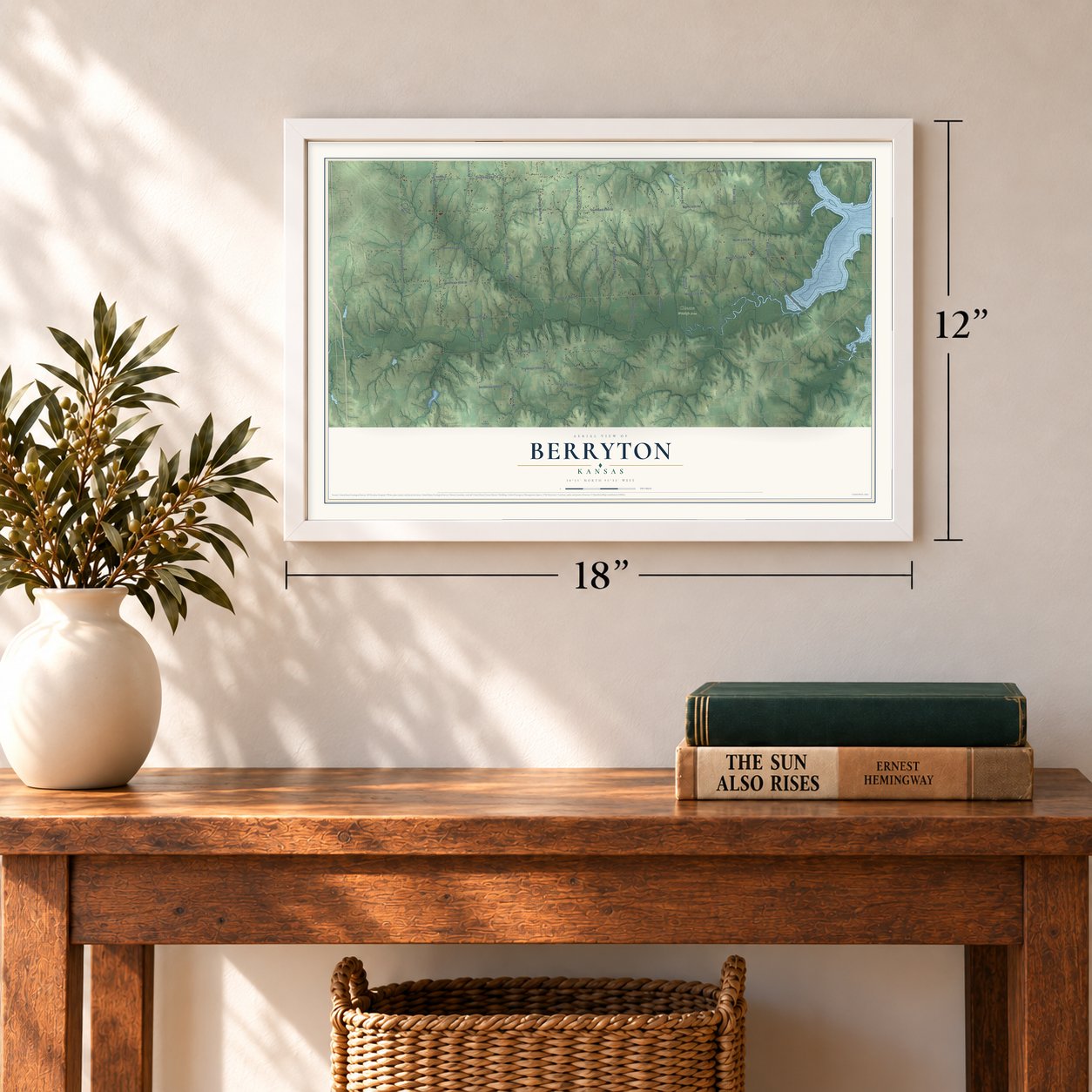 Berryton, Kansas map, 12 x 18 inch print in a white frame in an entryway