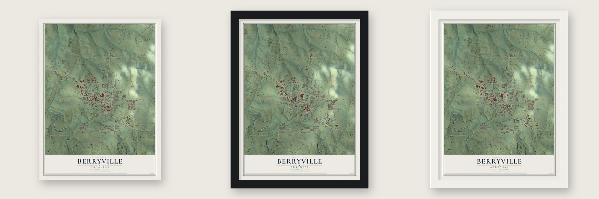 Berryville, Arkansas map unframed, in a black wood frame and in a white wood frame