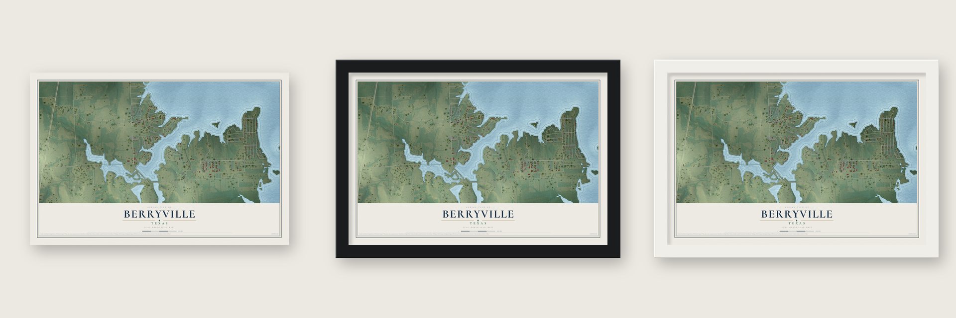 Berryville, Texas map unframed, in a black wood frame and in a white wood frame