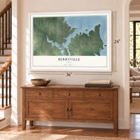 Berryville, Texas map, 24 x 36 inch print in a white frame above a dresser by a staircase