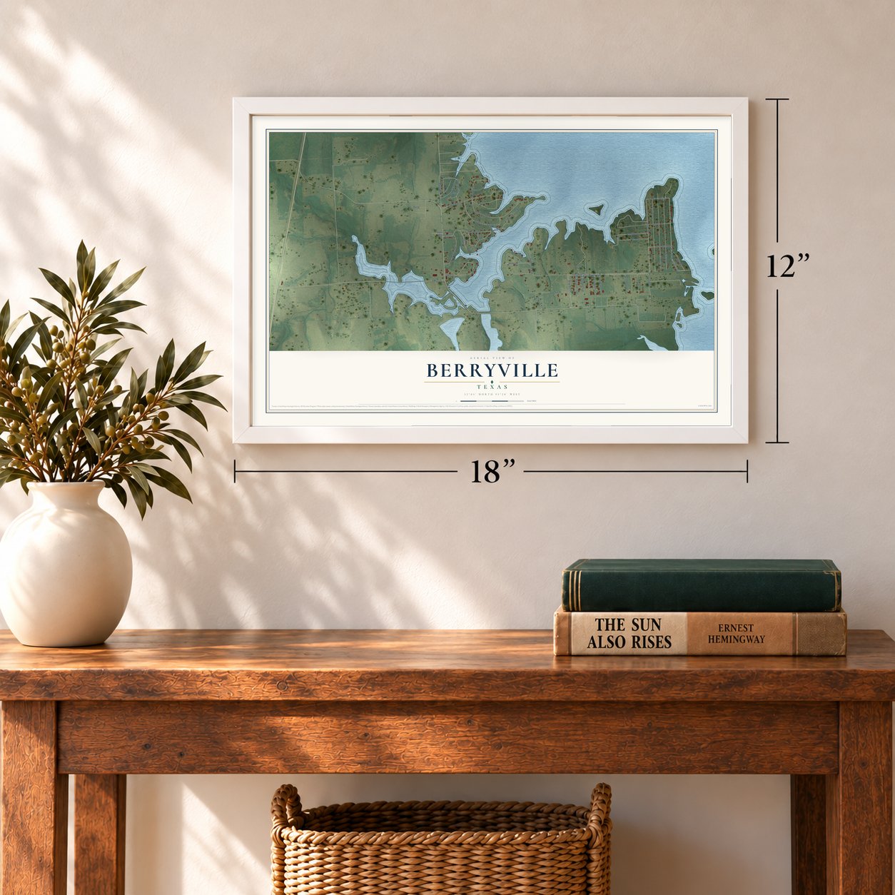 Berryville, Texas map, 12 x 18 inch print in a white frame in an entryway