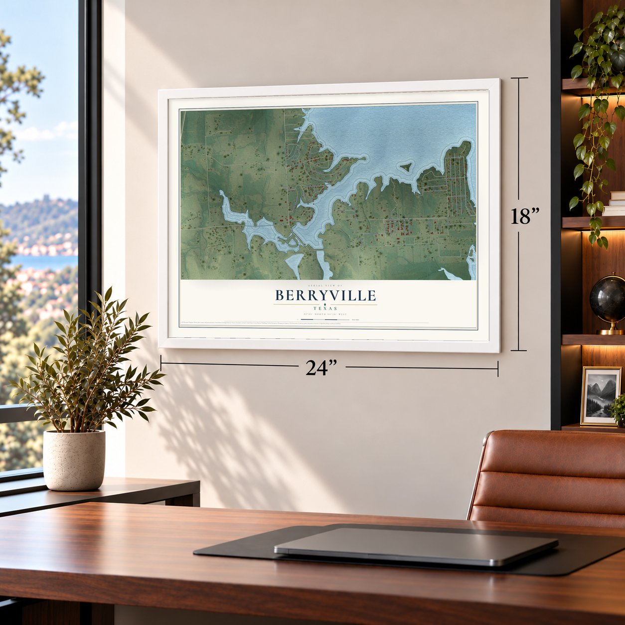 Berryville, Texas map, 18 x 24 inch print in a white frame in a home office