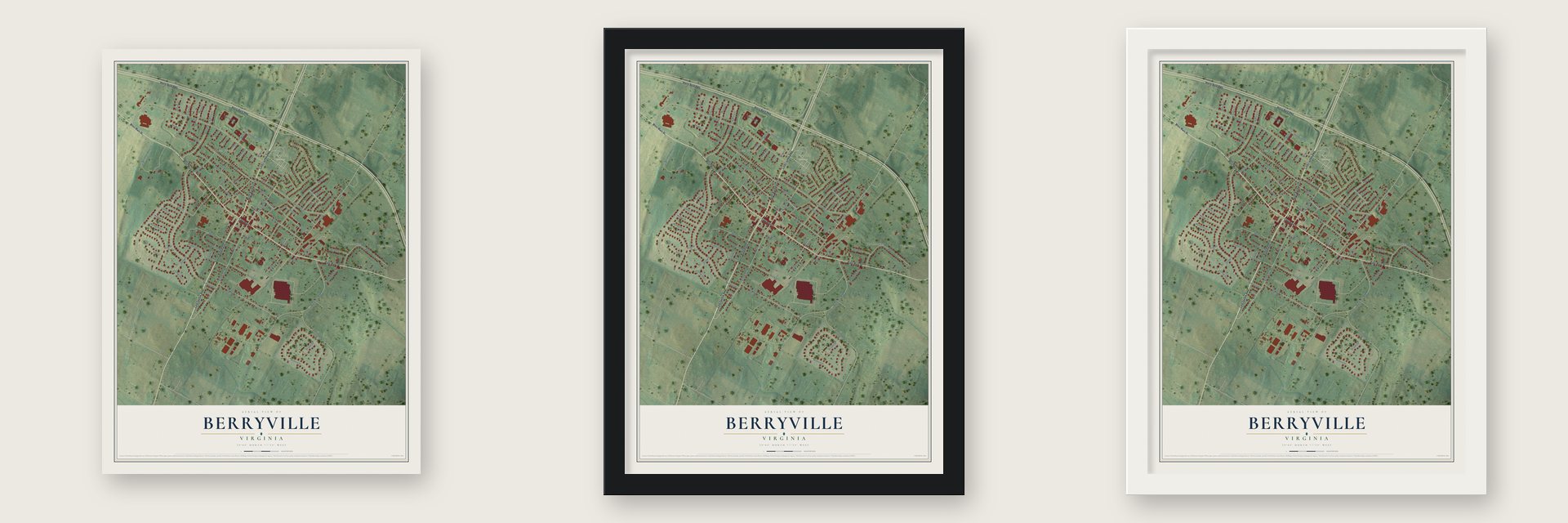 Berryville, Virginia map unframed, in a black wood frame and in a white wood frame