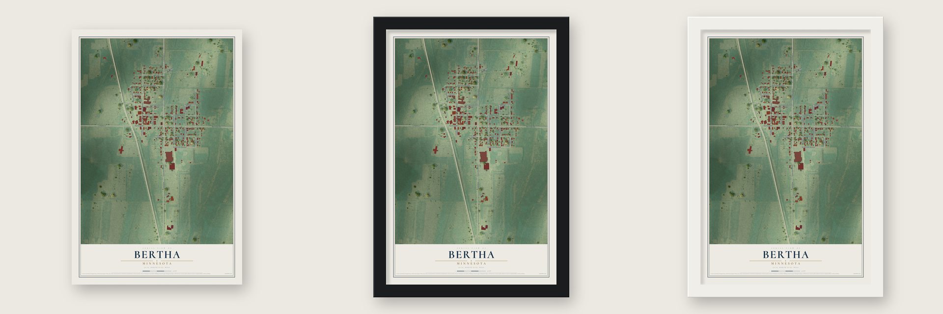 Bertha, Minnesota map unframed, in a black wood frame and in a white wood frame