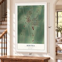 Bertha, Minnesota map, 24 x 36 inch print in a white frame by a staircase