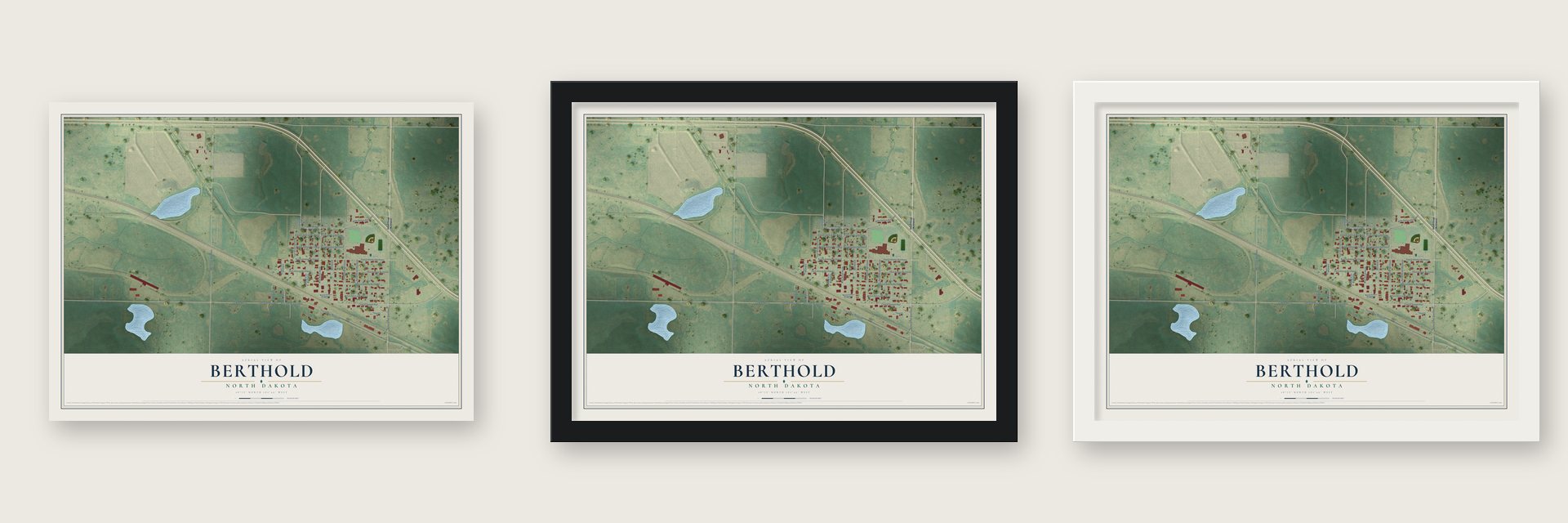 Berthold, North Dakota map unframed, in a black wood frame and in a white wood frame
