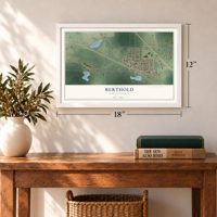 Berthold, North Dakota map, 12 x 18 inch print in a white frame in an entryway