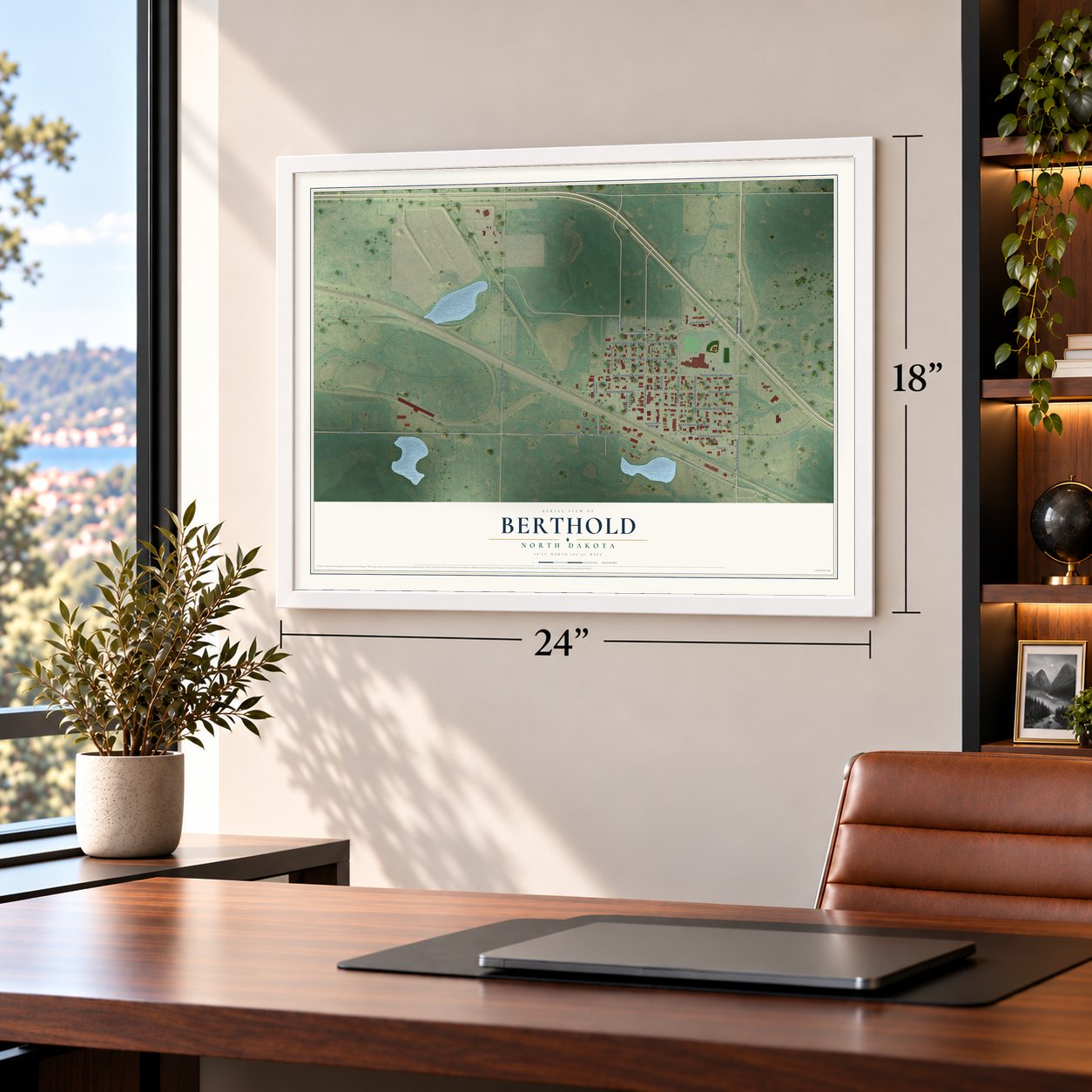 Berthold, North Dakota map, 18 x 24 inch print in a white frame in a home office