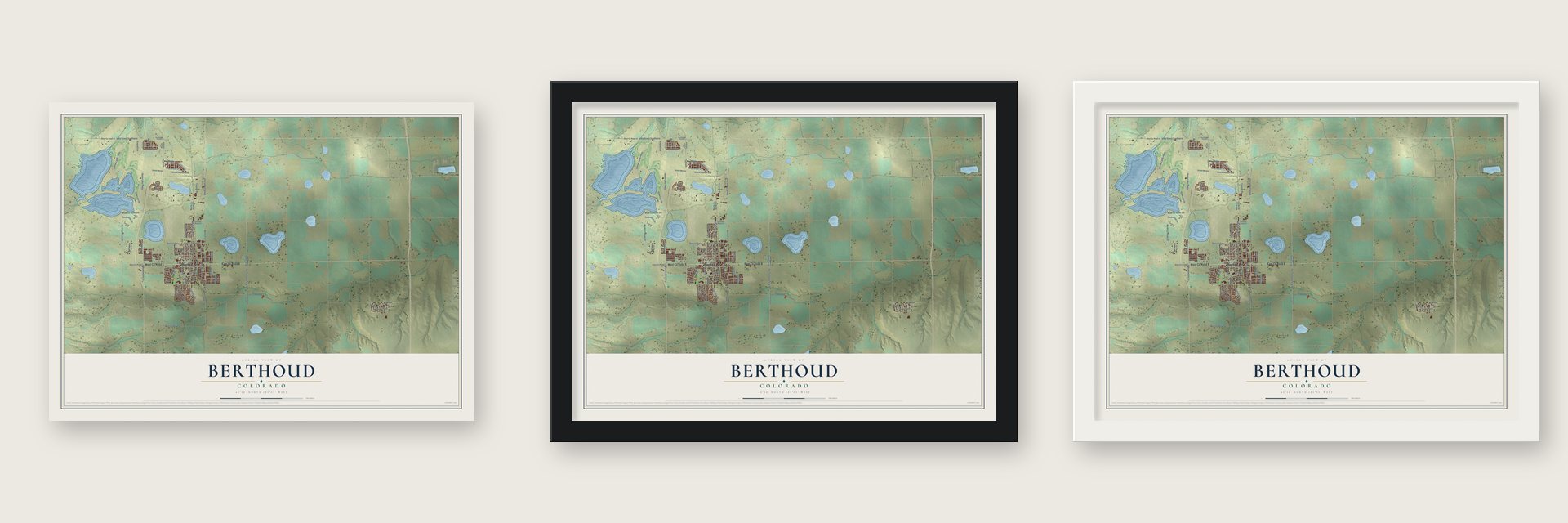 Berthoud, Colorado map unframed, in a black wood frame and in a white wood frame