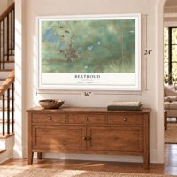 Berthoud, Colorado map, 24 x 36 inch print in a white frame above a dresser by a staircase